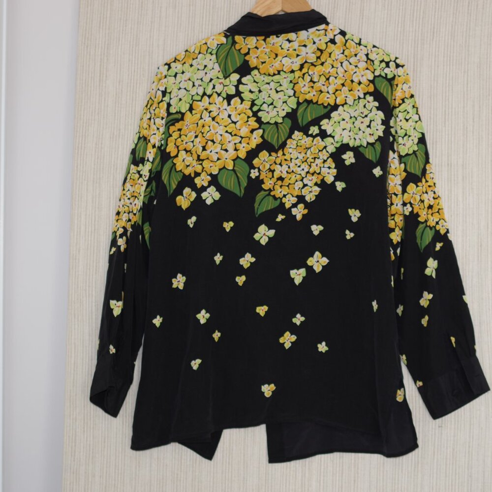Bob Mackie Vtg. Black Yellow Flower Silk Vintage Long Sleeve Button Beaded Top L - Picture 5 of 7